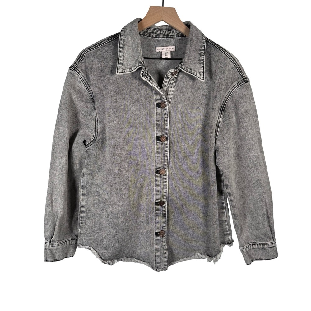 Sincerely Jules Grey Acid Wash Denim Shirt Jacket Raw Hem Womens Large